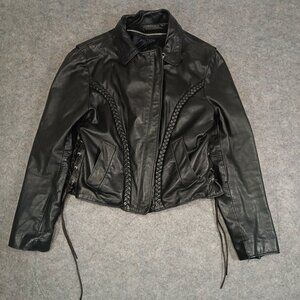 Kerr Leathers Black Leather Lace Up Sides Braid Detail Motorcycle‎ Jacket SZ 14